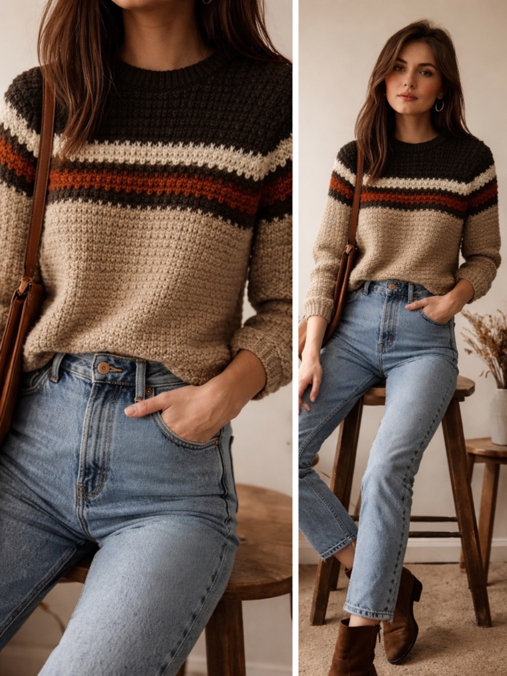 VTG Youngbloods Striped Knit Sweater Brown Rust Tan S Small Western Retro